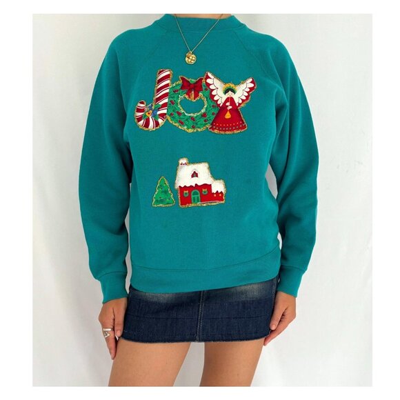 90s vintage reworked green festive holiday JOY christmas pullover sweatshirt - Picture 1 of 8